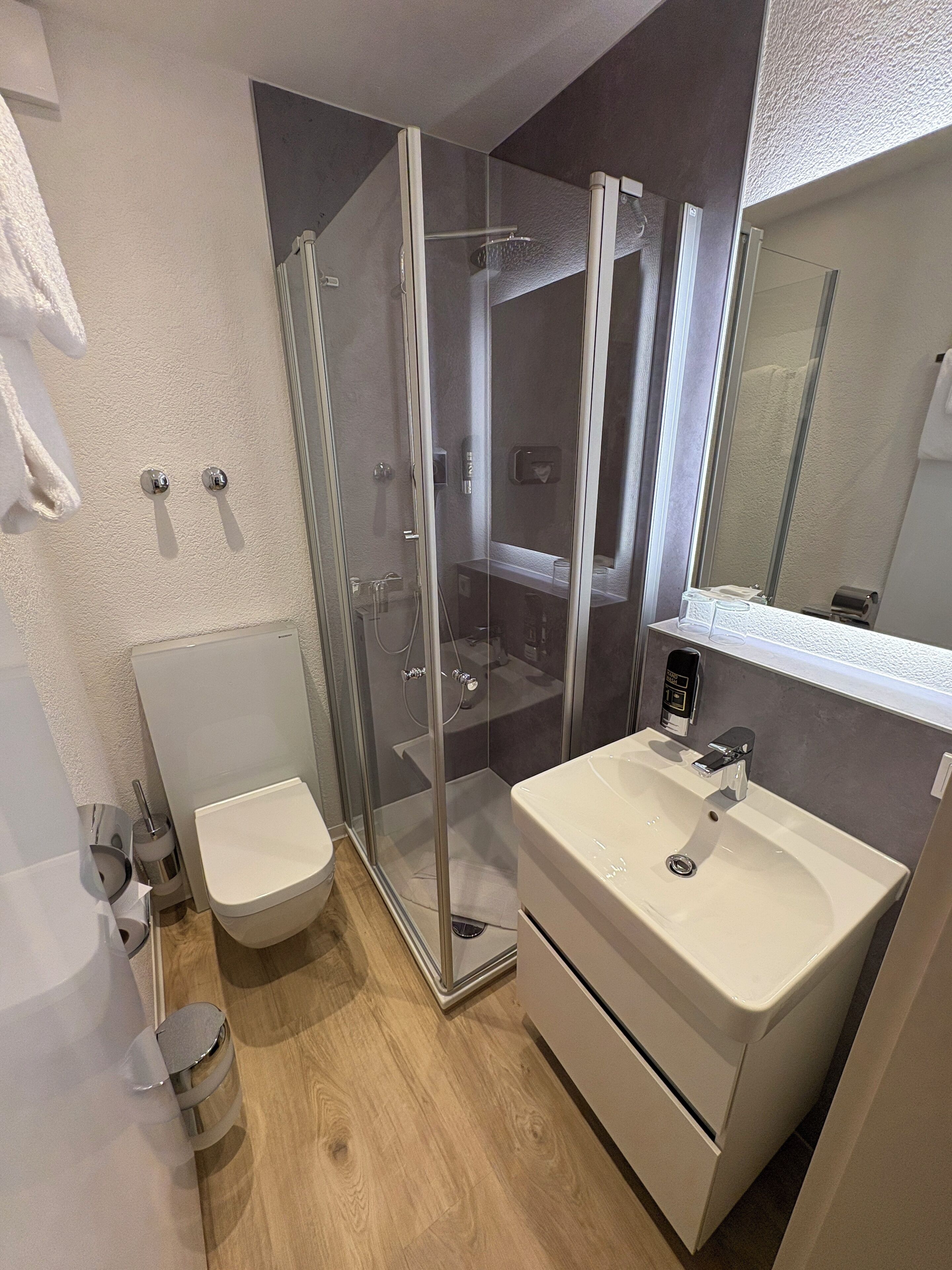 A modern bathroom with a glass-enclosed shower, a white sink, and a toilet.