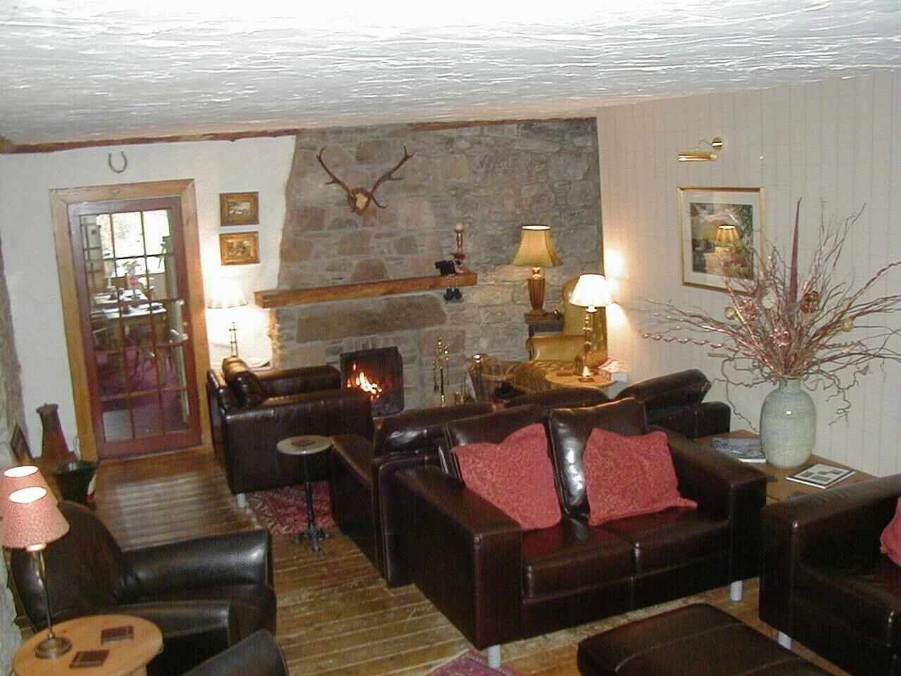 Una sala de estar acogedora con sofás de cuero, una chimenea de piedra y una decoración rústica que incluye cornamentas en la pared.