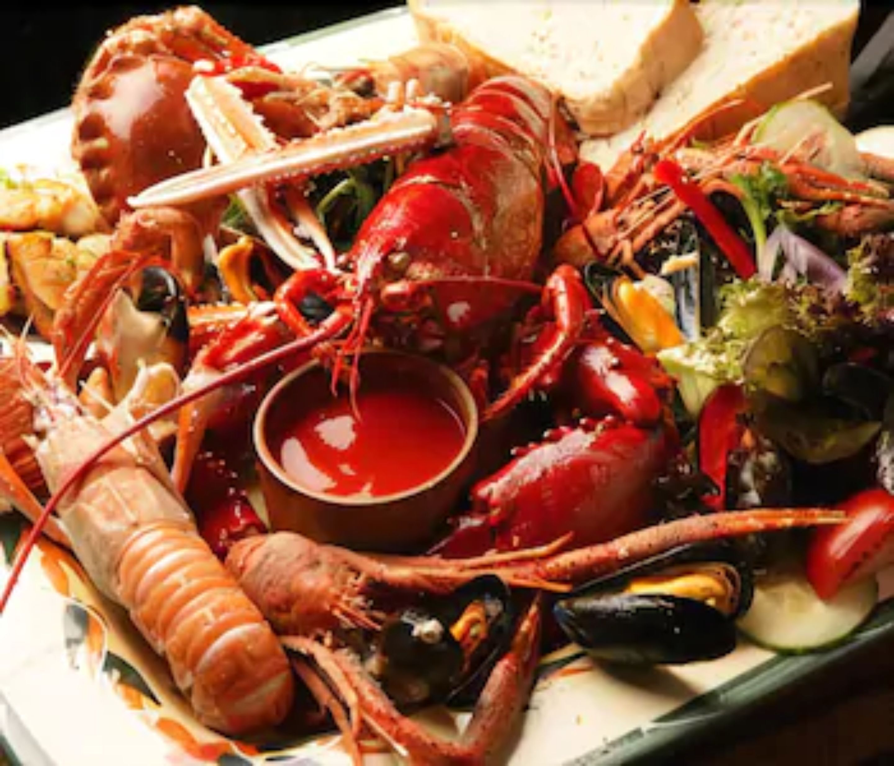 A seafood platter with various shellfish, vegetables, and a small bowl of sauce.