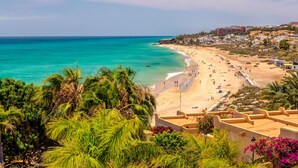 A coastal beach scene with a sandy shore, palm trees, and buildings in the background. - SBH Taro Beach Hotel (Pajara)