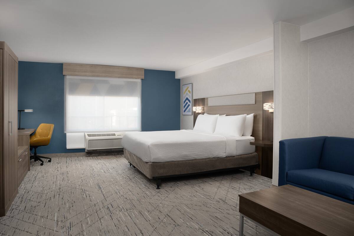 A hotel room with a bed, a desk, a chair, and a sofa.
