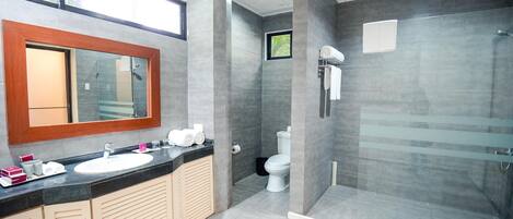 A modern bathroom with a large mirror, a sink, and a glass-enclosed shower.