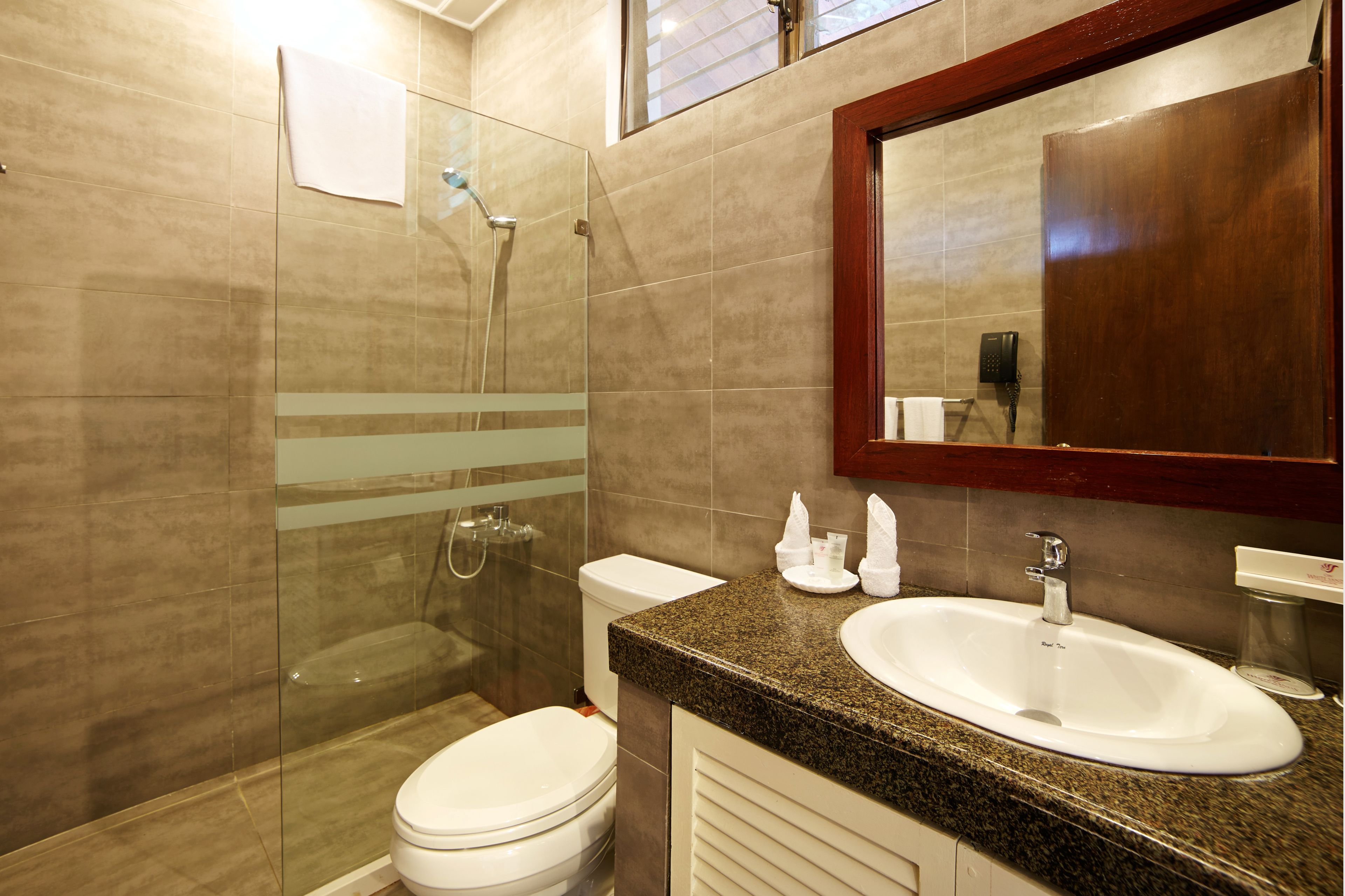 A modern bathroom with a glass-enclosed shower, a white toilet, and a granite countertop sink.