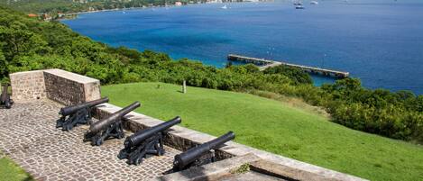 A coastal view with a grassy area and a stone structure with cannons.