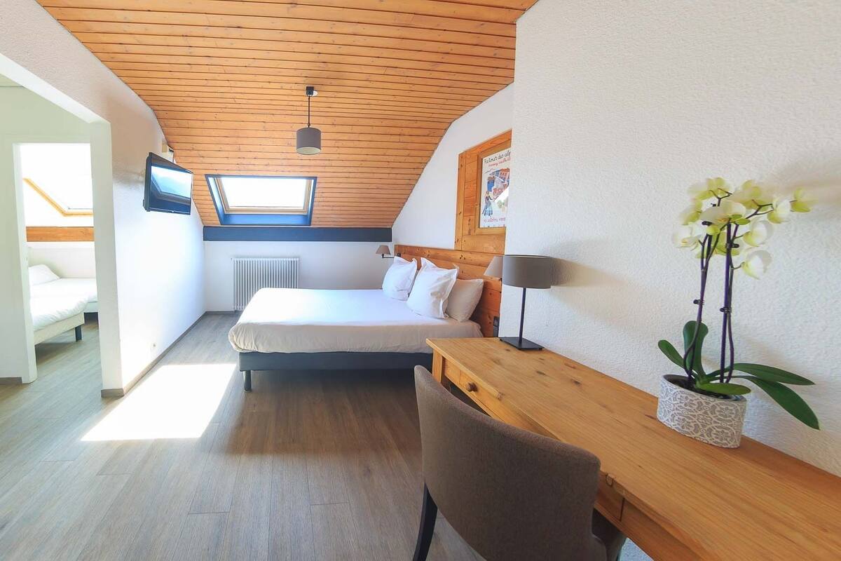 Een slaapkamer met een bed, een bureau, een stoel, een televisie, een raam en een plant.