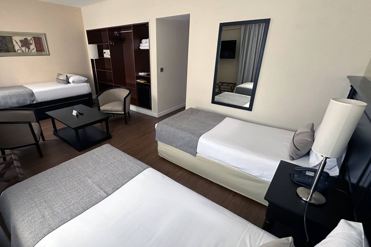 A hotel room with two single beds, a small desk, a chair, a wardrobe, and a mirror.