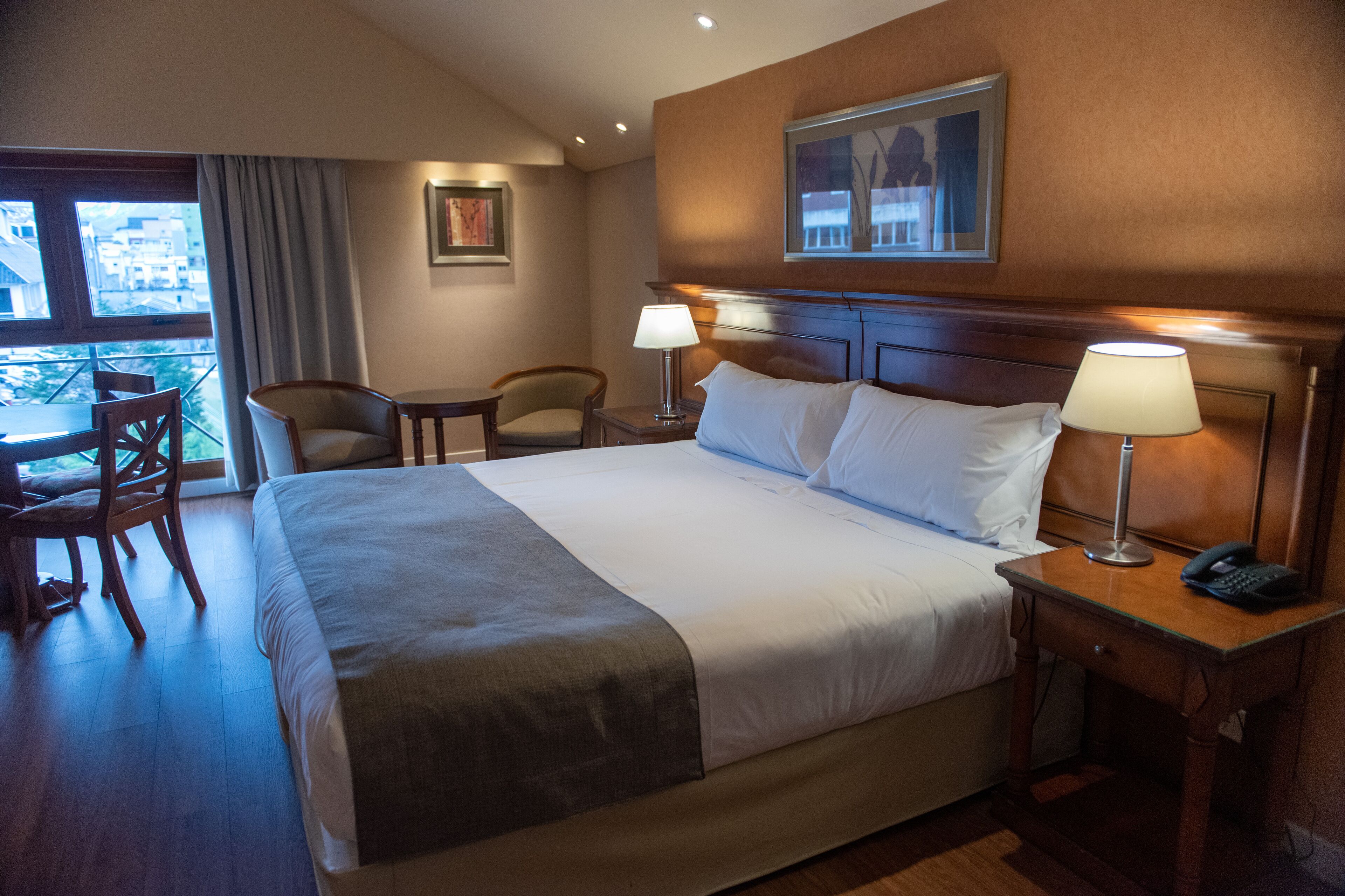 A hotel room with a large bed, two bedside tables, a chair, a desk, and a view of the city through a window.