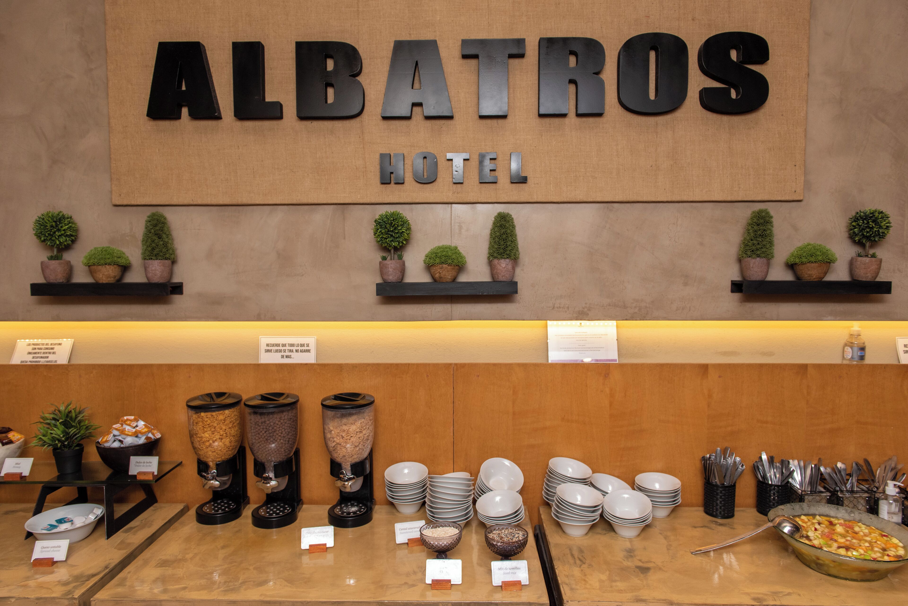 Zona de recepción de un hotel con un cartel que dice "ALBATROS HOTEL" y una mesa de buffet con diversos platos y utensilios.