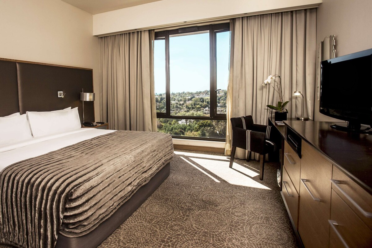 Habitación de hotel con una cama grande, televisión, escritorio con silla y vista al exterior.