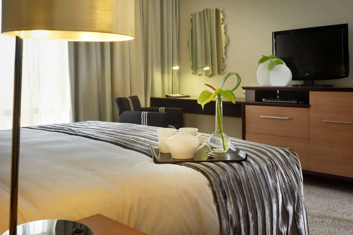 Una habitación de hotel con una cama, un escritorio, un televisor y una lámpara.