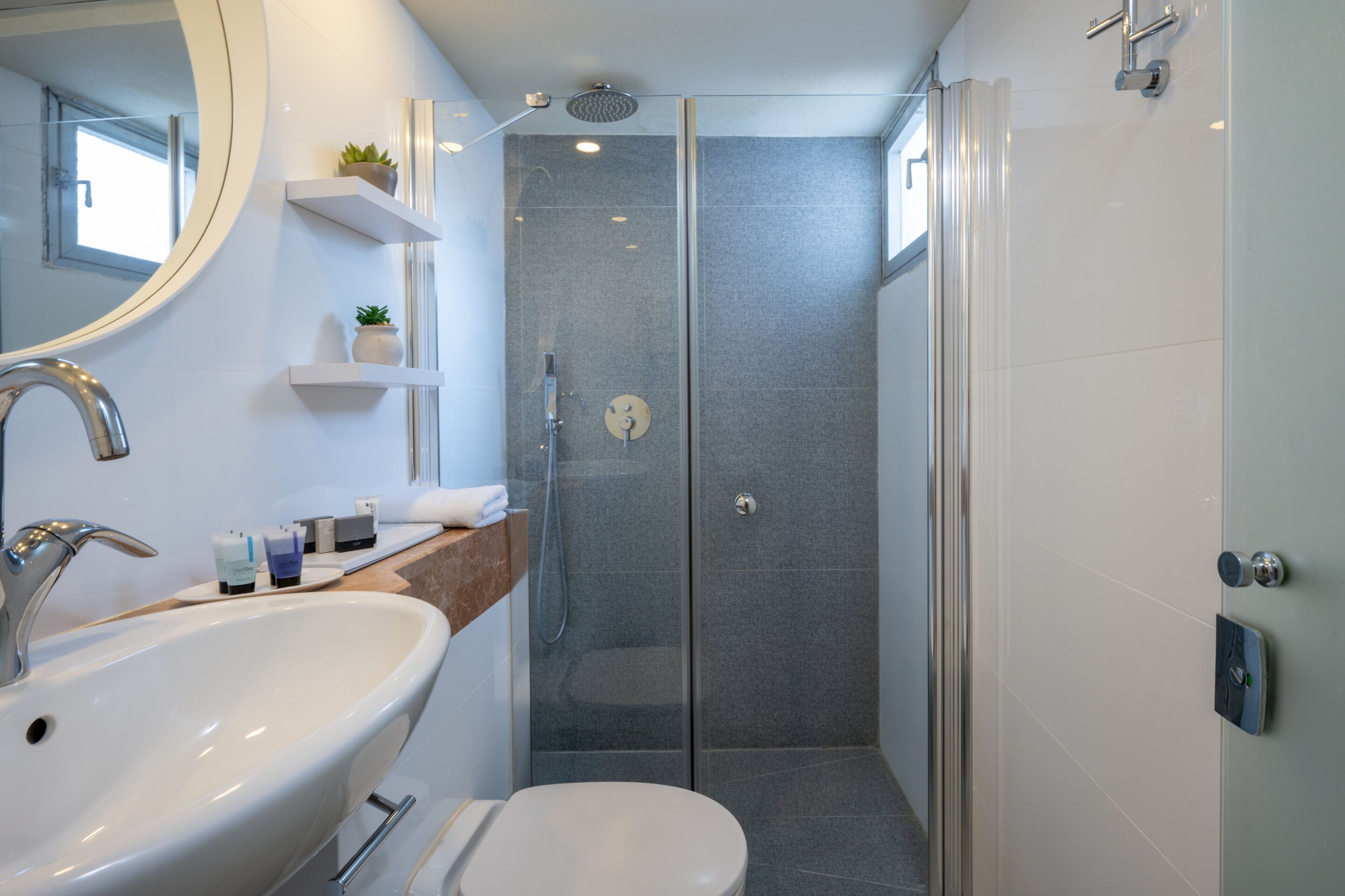 A modern bathroom with a large sink, toilet, and a glass-enclosed shower area.