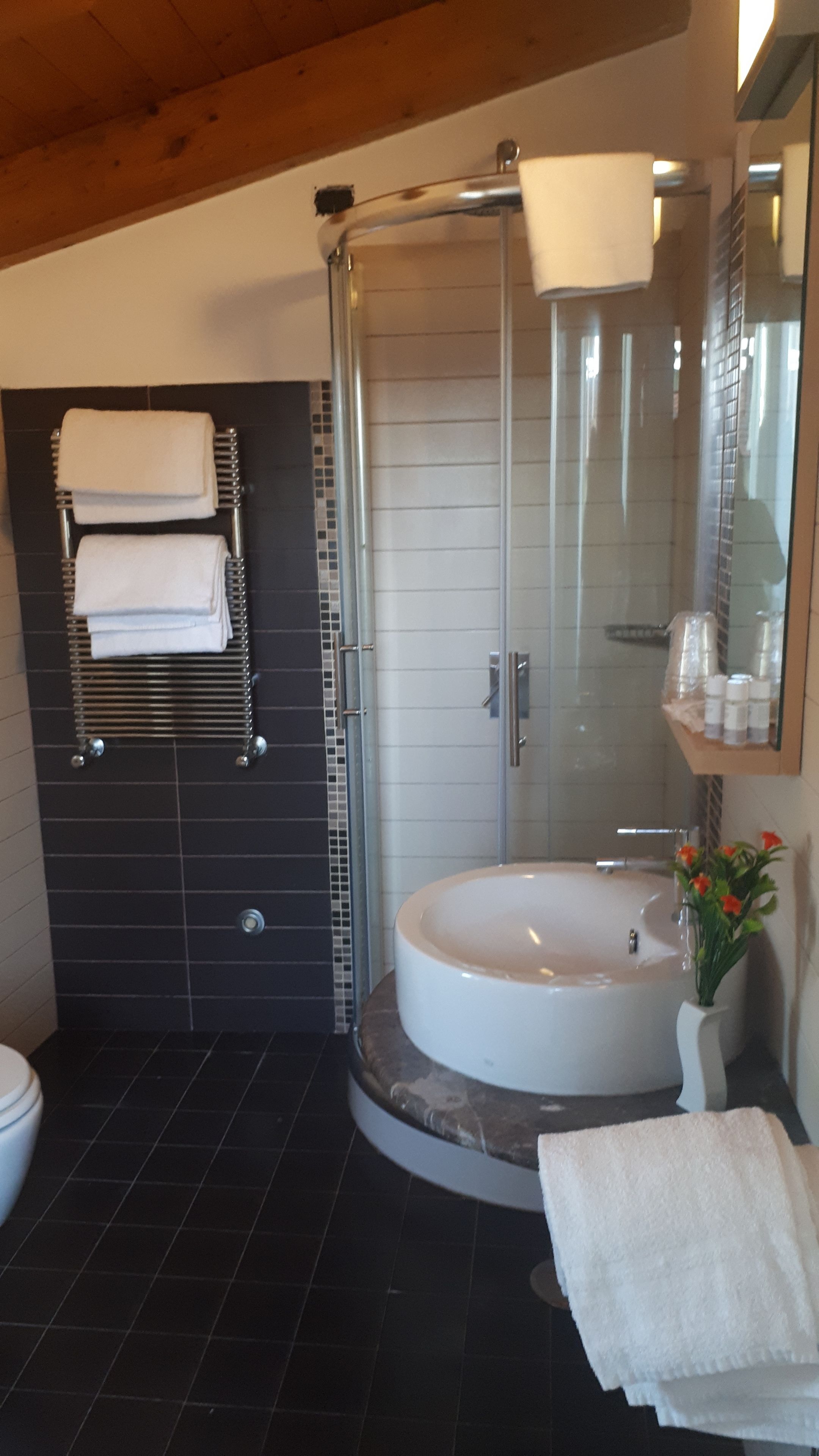 A modern bathroom with a glass-enclosed shower, a freestanding bathtub, and a tiled floor.