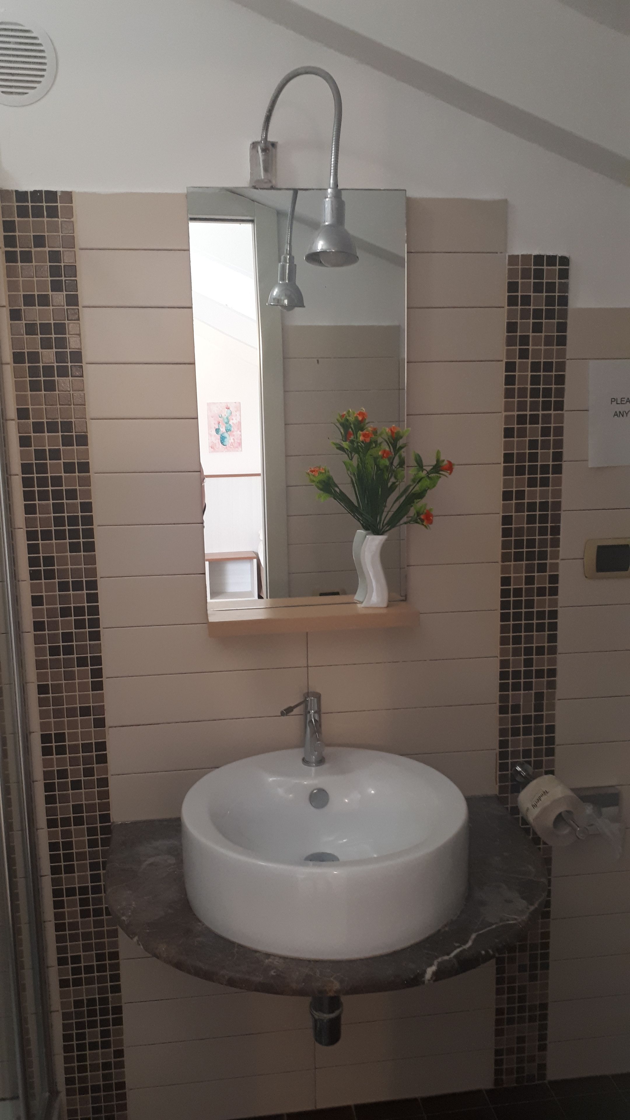 A bathroom with a white sink, a mirror, and a shower head.