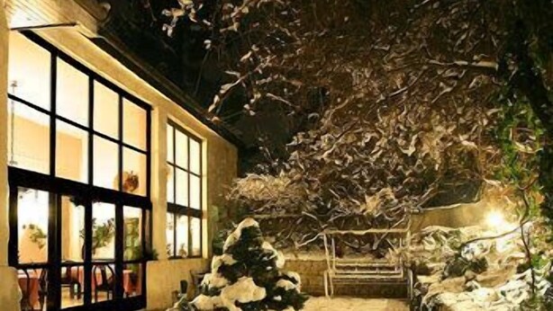 Un espace extérieur enneigé, avec un bonhomme de neige et un bâtiment doté de grandes fenêtres.