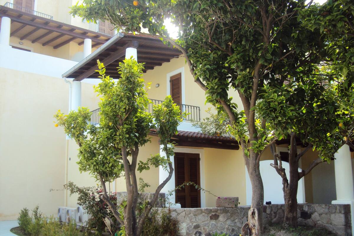 A building with a stone wall, potted plants, and a clear sky.