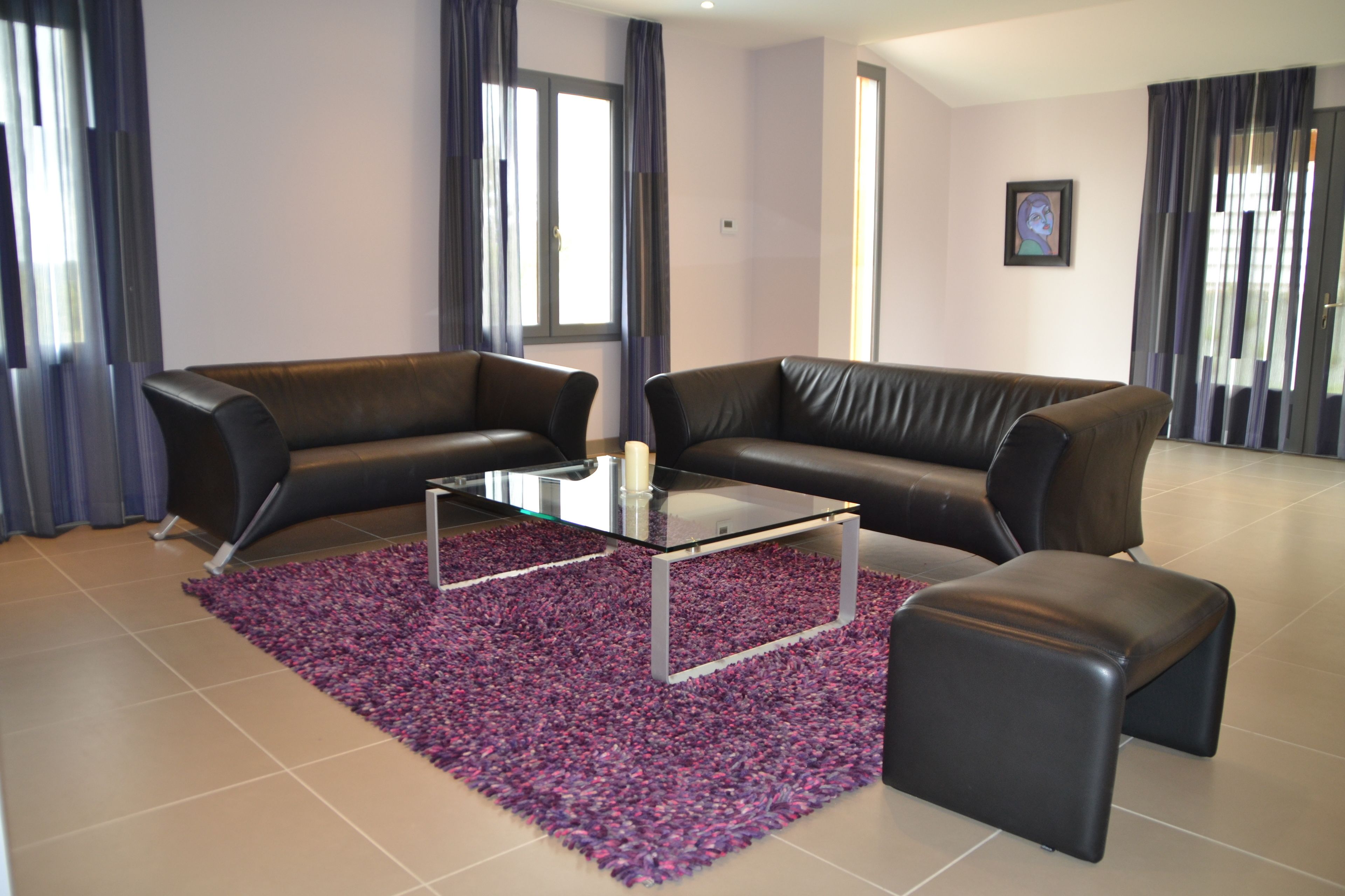 Un salon moderne avec deux canapés en cuir, une table basse en verre et un tapis violet.