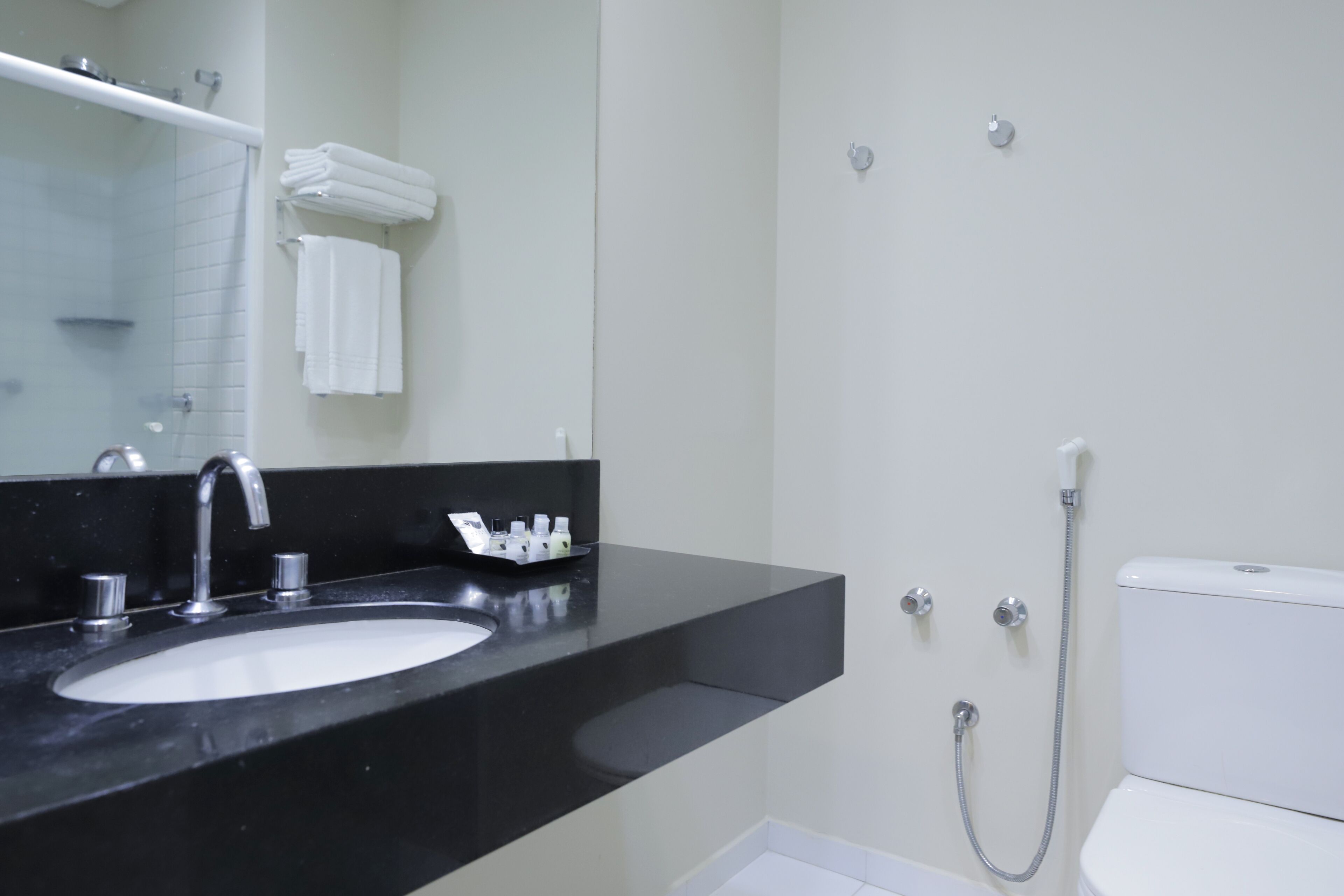 A modern bathroom with a black countertop sink, a mirror, a toilet, and a shower.