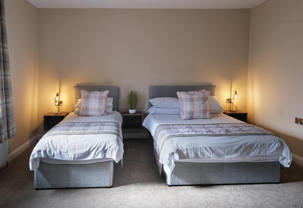 A double bed room with two bedside tables, each with a lamp, and a small potted plant on one of the tables.