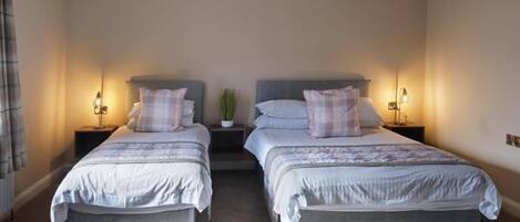 A double bed room with two bedside tables, each with a lamp, and a small potted plant on one of the tables.