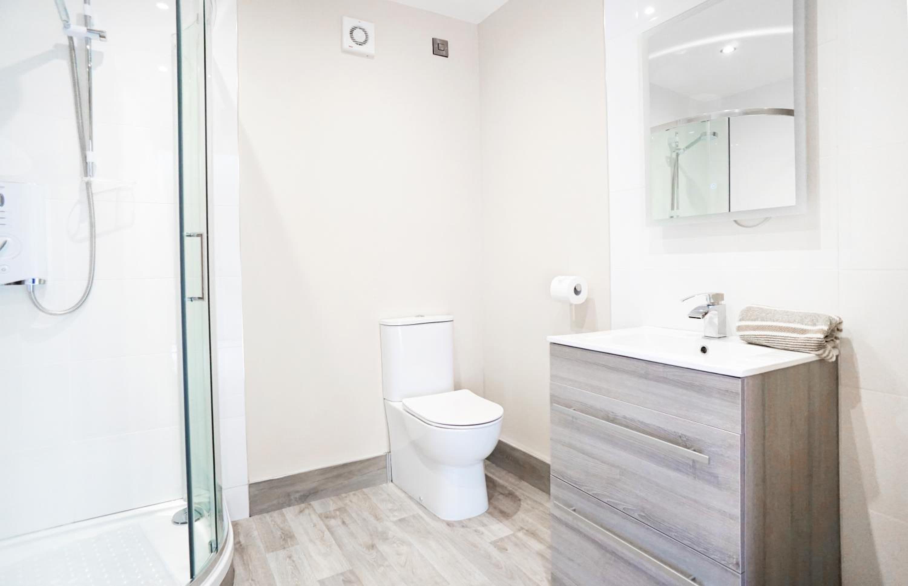 A modern bathroom with a glass shower enclosure, a white toilet, and a vanity with a mirror.