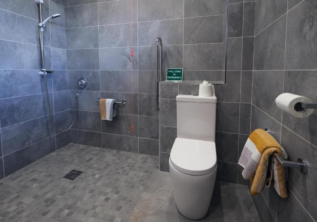 A bathroom with a shower, toilet, and handrails.