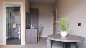 A modern bathroom with a shower, toilet, and sink. There is a small table with a potted plant and a chair. - Bannview Bed & Breakfast (Craigavon)