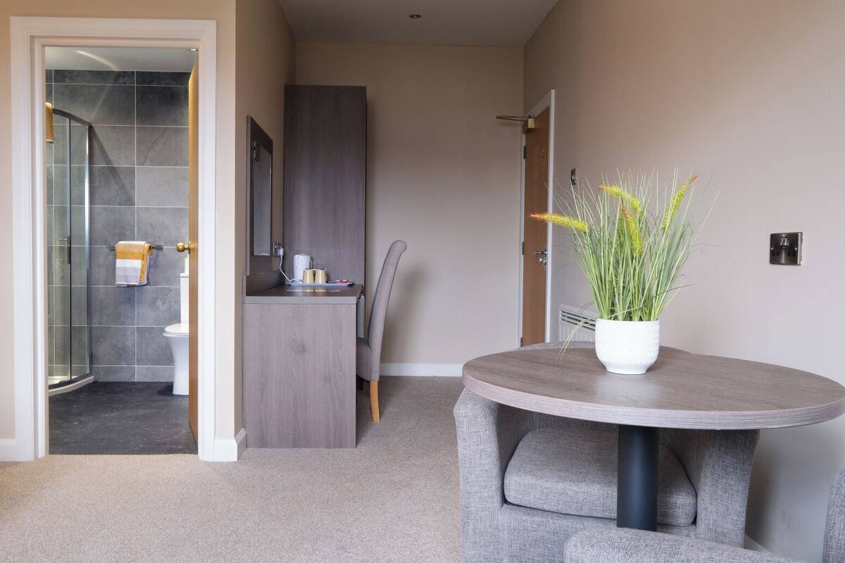 A modern bathroom with a shower, toilet, and sink. There is a small table with a potted plant and a chair.