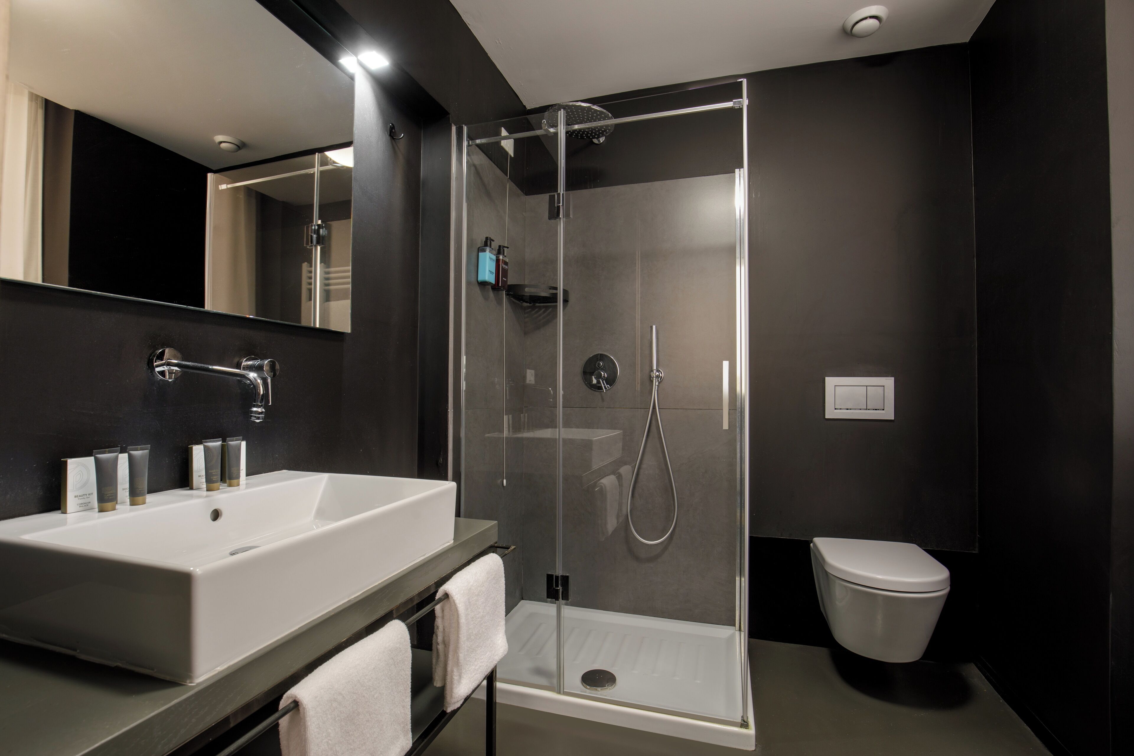 A modern bathroom with a glass-enclosed shower, a white sink, and a toilet.