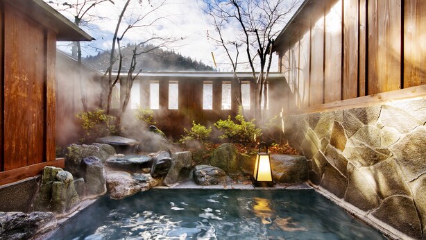 A traditional Japanese onsen with a stone bath surrounded by wooden structures and a view of a mountain.
