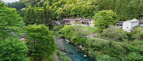 A mountainous area with a river, lush greenery, and traditional buildings.
