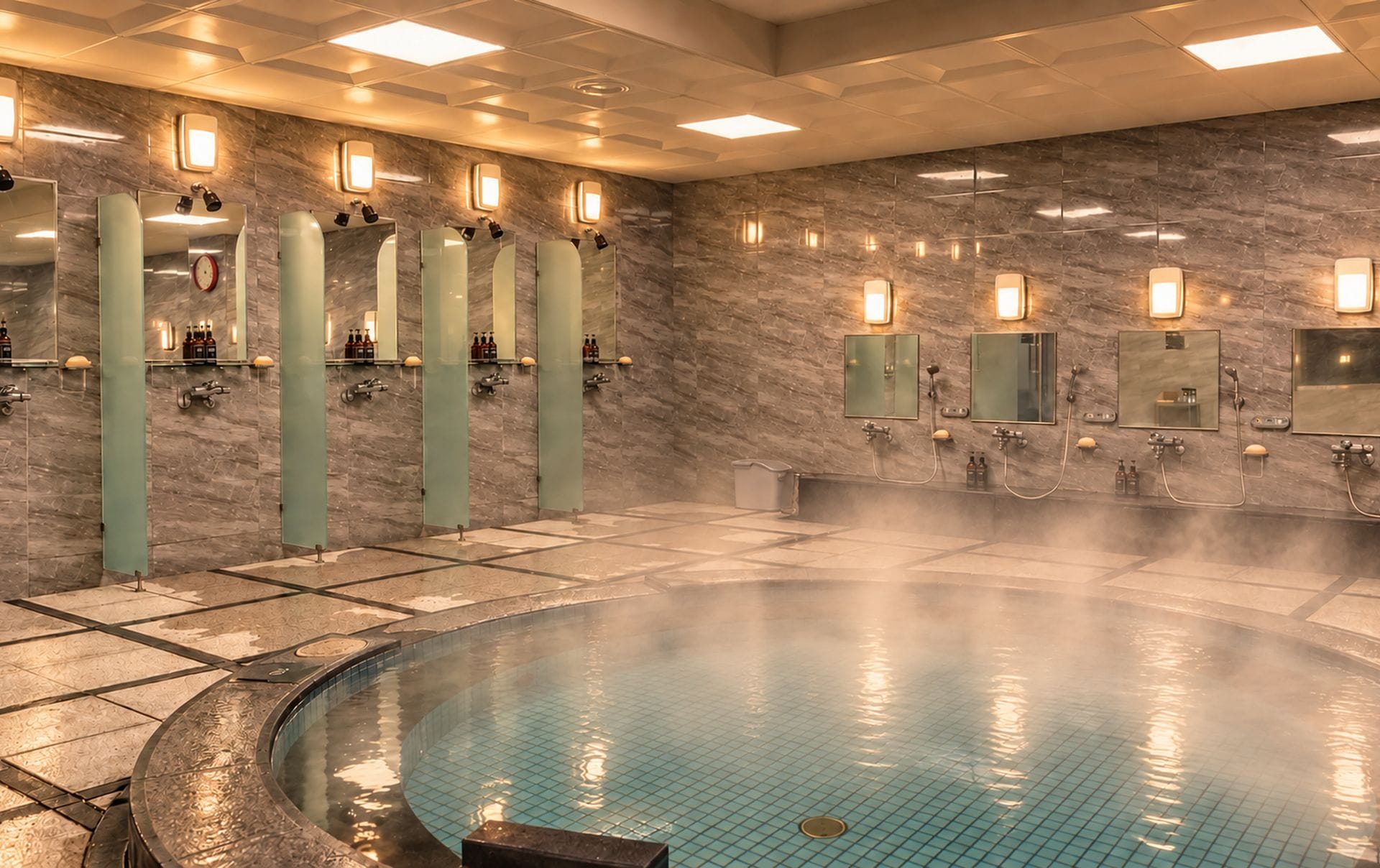 A modern spa with a hot tub, marble walls, and multiple mirrors.