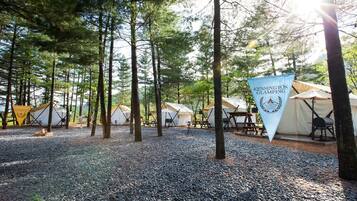 A campsite with tents and picnic tables, surrounded by trees.