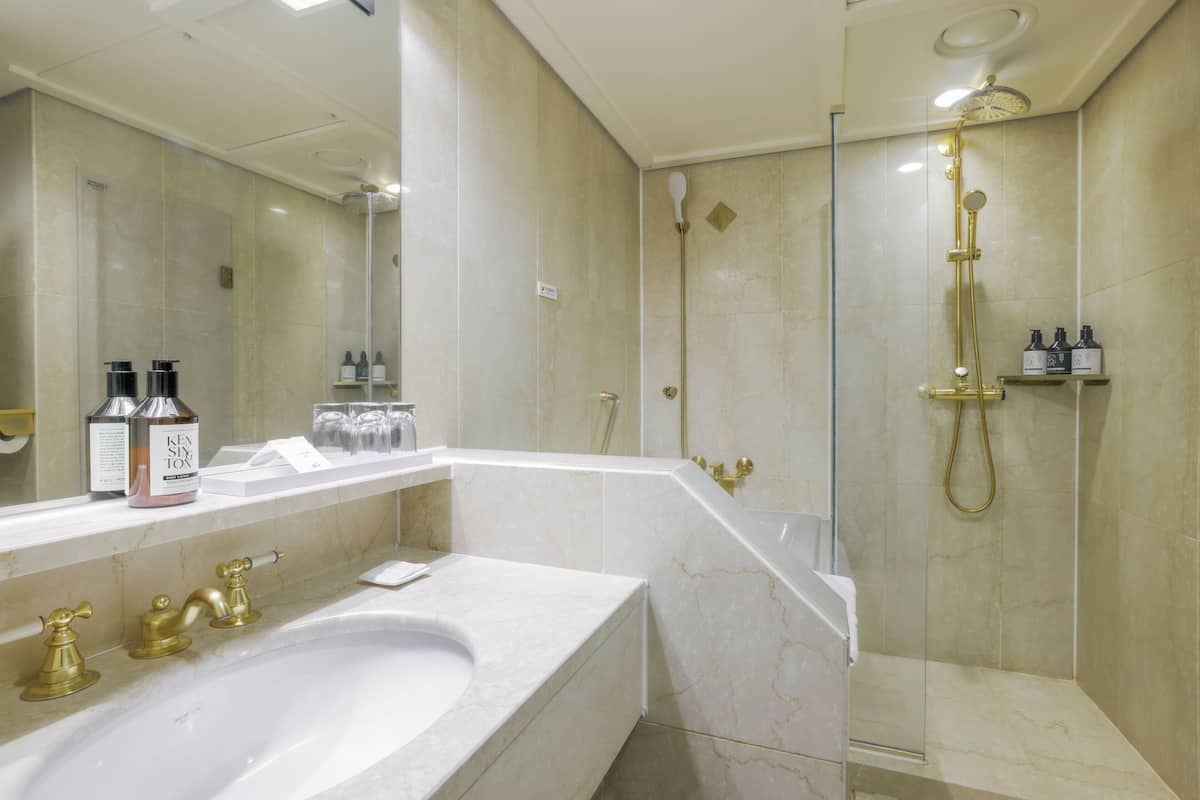 separate bathtub and shower, free toiletries, hair dryer, slippers