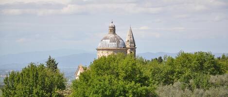 A historic building with a dome and a spire, surrounded by dense greenery.