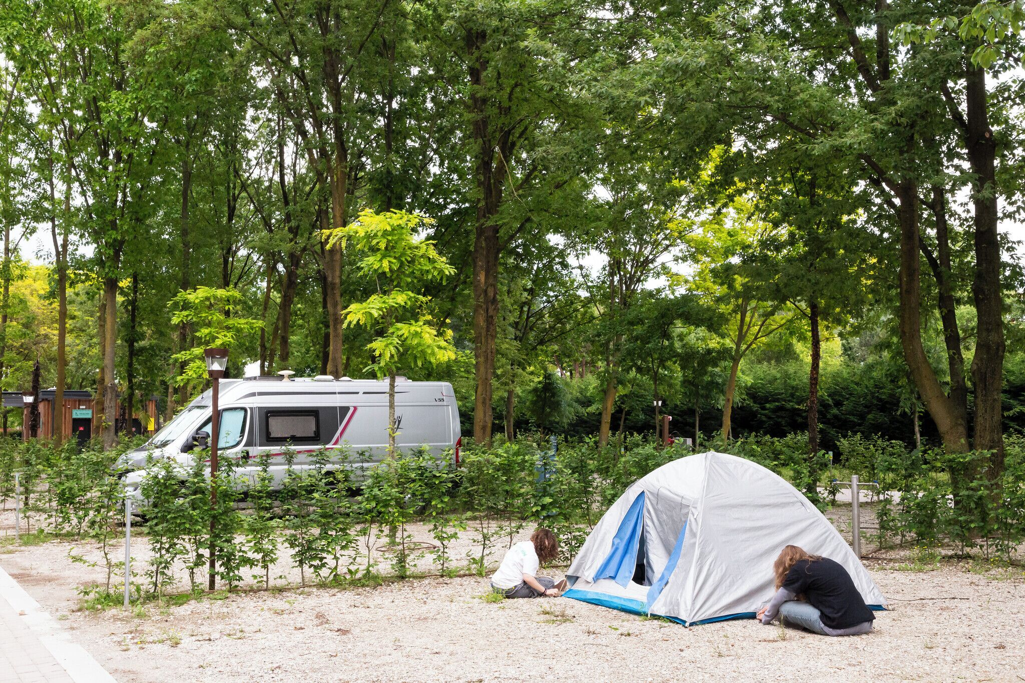 A camping site with a tent and a camper van.