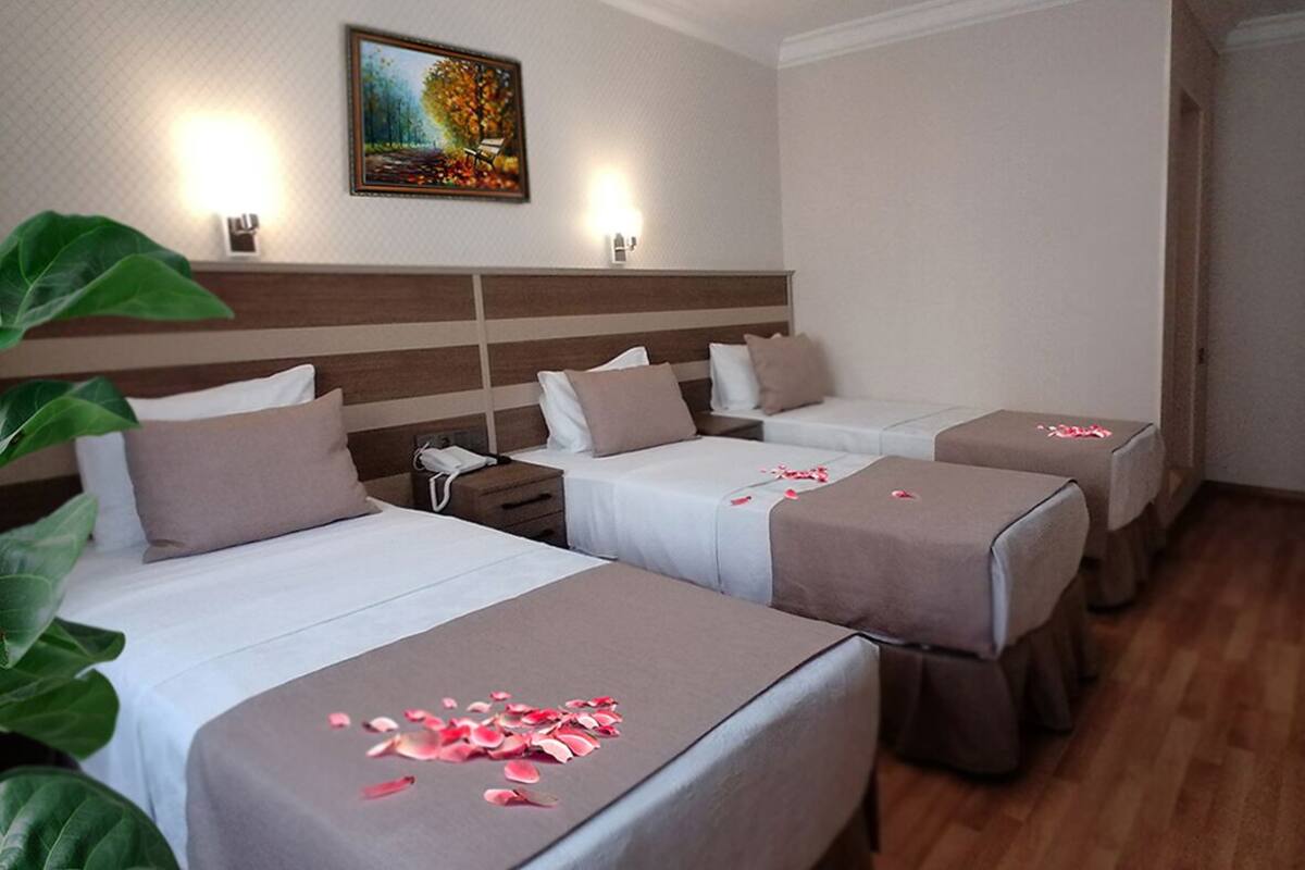 A hotel room with three beds arranged in a row, each with a pillow and a blanket. There is a painting on the wall above the beds, and a plant is visible to the left.