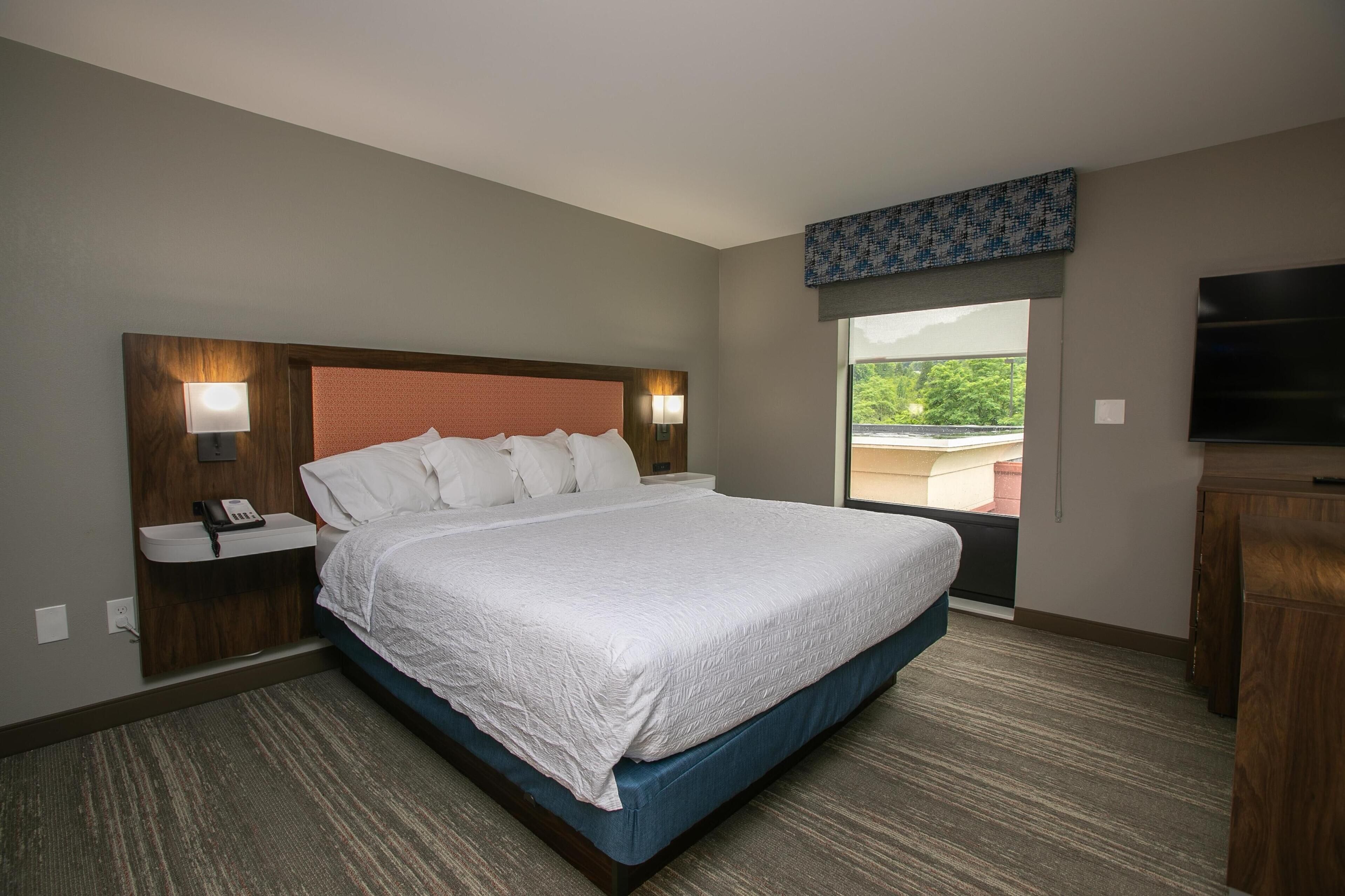 A hotel room with a large bed, bedside lamps, a telephone, a TV, and a window with a view of greenery.