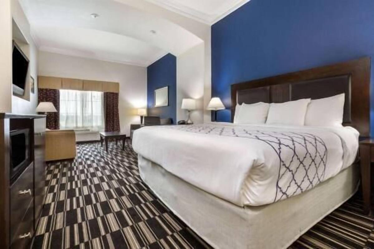 Ein Hotelzimmer mit einem großen Bett, einem Schreibtisch, einem Sessel, einem Fernseher und einem gemusterten Boden.