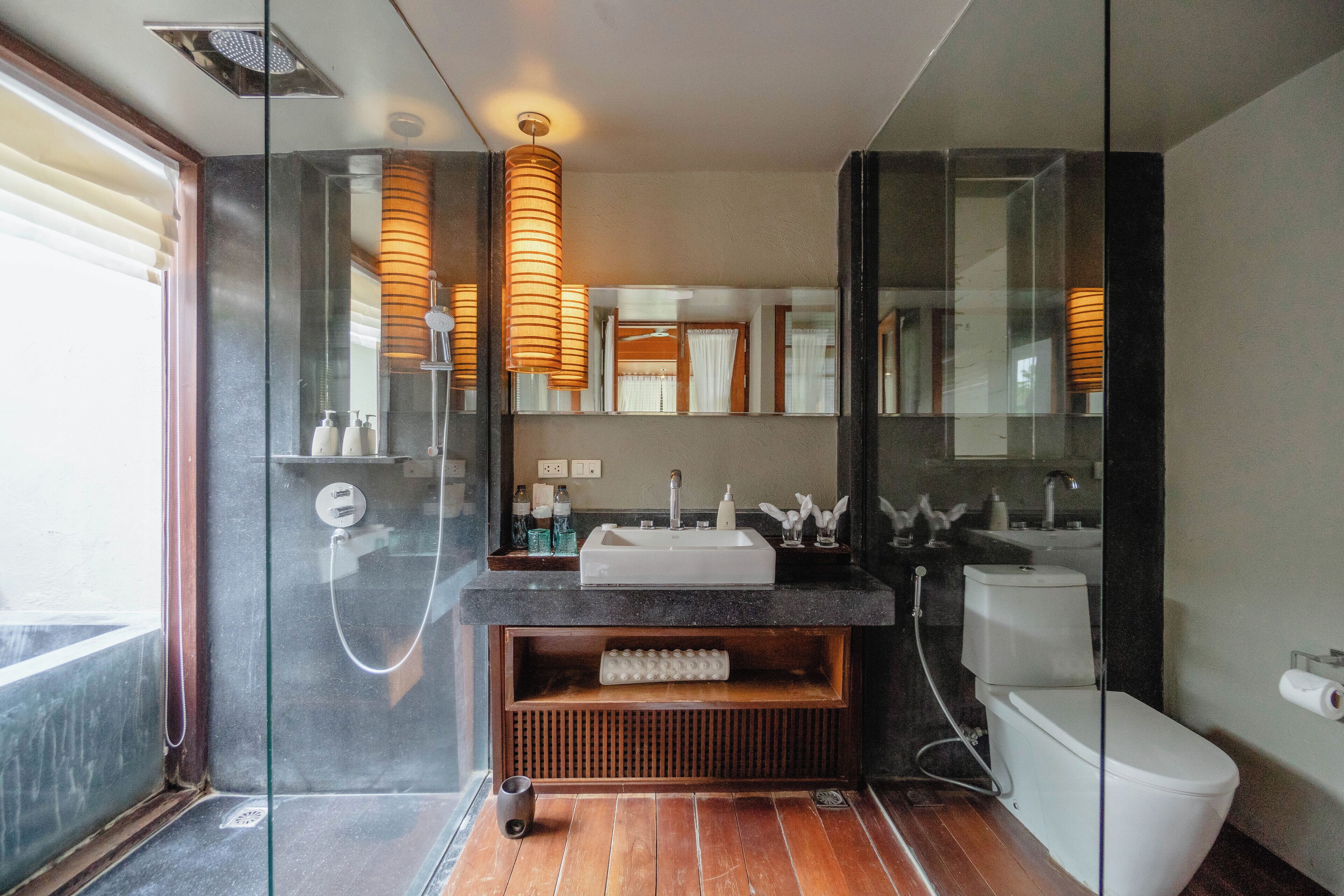 float villa | bathroom | separate bathtub and shower, deep-soaking bathtub, rainfall showerhead
