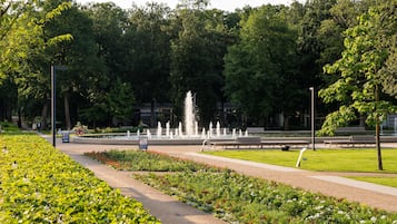Un parque con una fuente, bancos y un sendero.