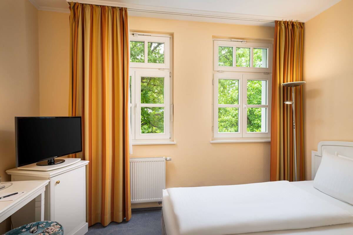 A hotel room with a bed, a desk with a television, two windows with curtains, and a radiator.
