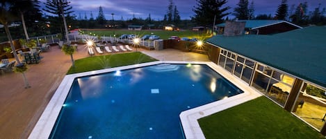 Outdoor pool, pool umbrellas, pool loungers