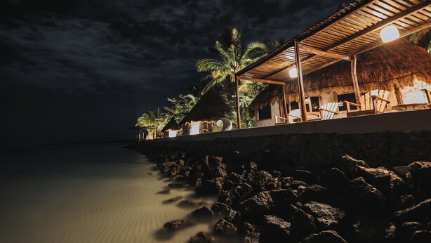 A beachfront resort with thatched-roof structures, palm trees, and a calm sea. - Las Nubes de Holbox (Isla Holbox)