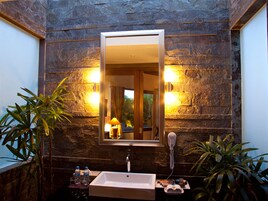 Un baño con pared de piedra, un lavabo, un espejo, un teléfono y dos plantas en macetas.