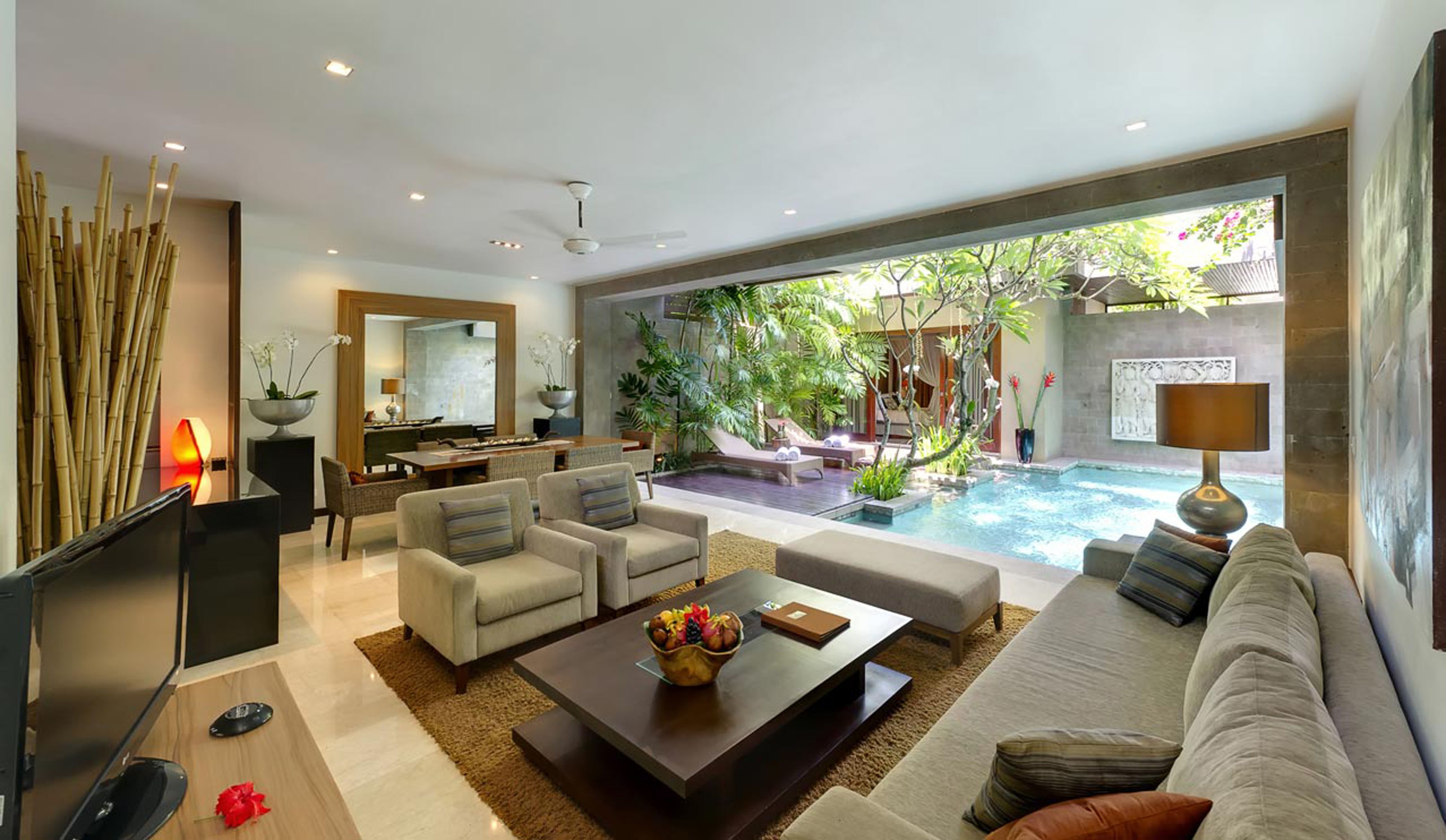 villa, 2 bedrooms, private pool | living area | 42-inch tv with cable channels, dvd player