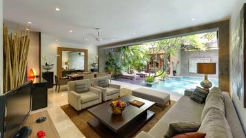 Villa, 2 Bedrooms, Private Pool | Living area | 42-inch TV with cable channels, DVD player
