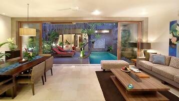 Villa, 2 Bedrooms, Private Pool | Living room | 42-inch TV with cable channels, DVD player