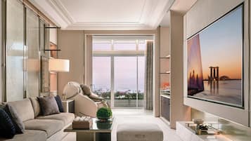 The Straits Suite - Sea View | Living area | 75-inch TV with digital channels