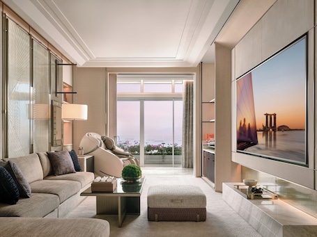 The Straits Suite - Sea View | Living area | 75-inch TV with digital channels. Marina Bay Sands