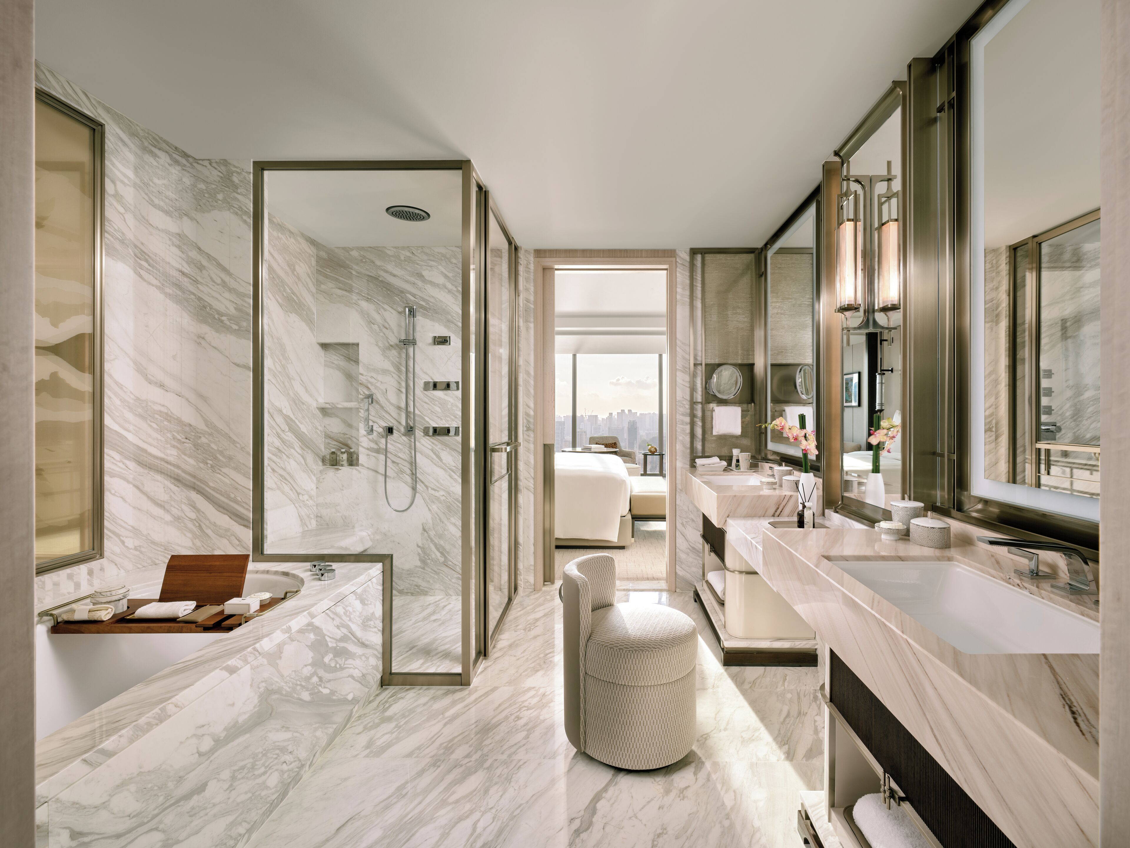 separate bathtub and shower, rainfall showerhead, designer toiletries